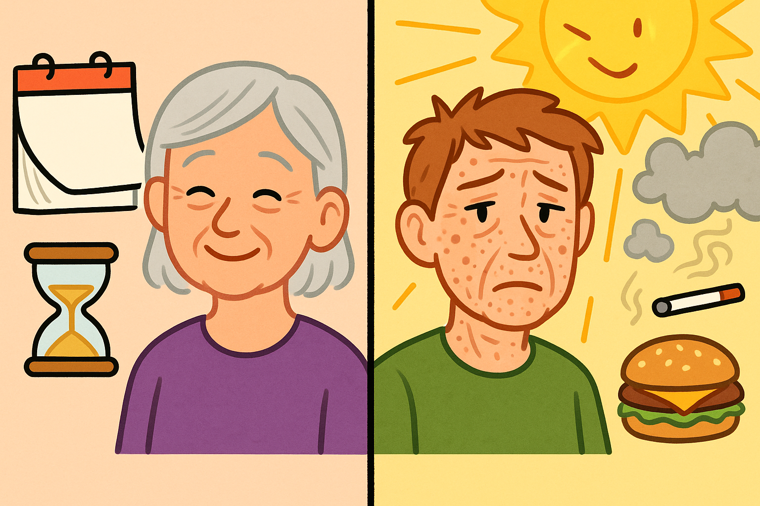 Skin aging is influenced by two main factors: intrinsic aging, which refers to natural changes over time due to genetics, and extrinsic aging, caused by external factors like sun exposure, pollution, and lifestyle choices.