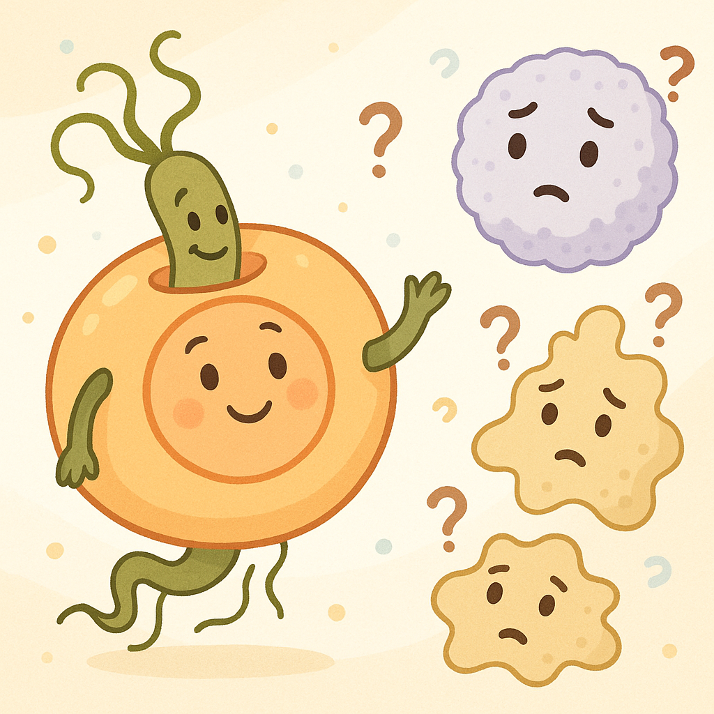 H. pylori is clever! It can change its outer appearance to look like our own body cells, making it difficult for our immune system to spot and attack it.