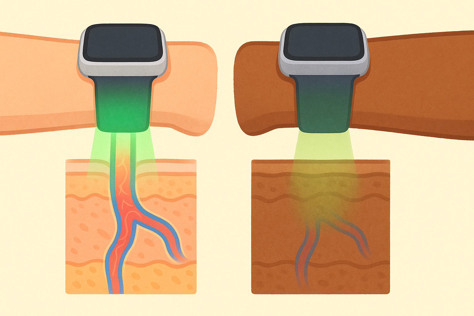 Most smartwatches use green light to measure heart rate. This light can be absorbed by melanin in darker skin, making the measurements less accurate for some people.