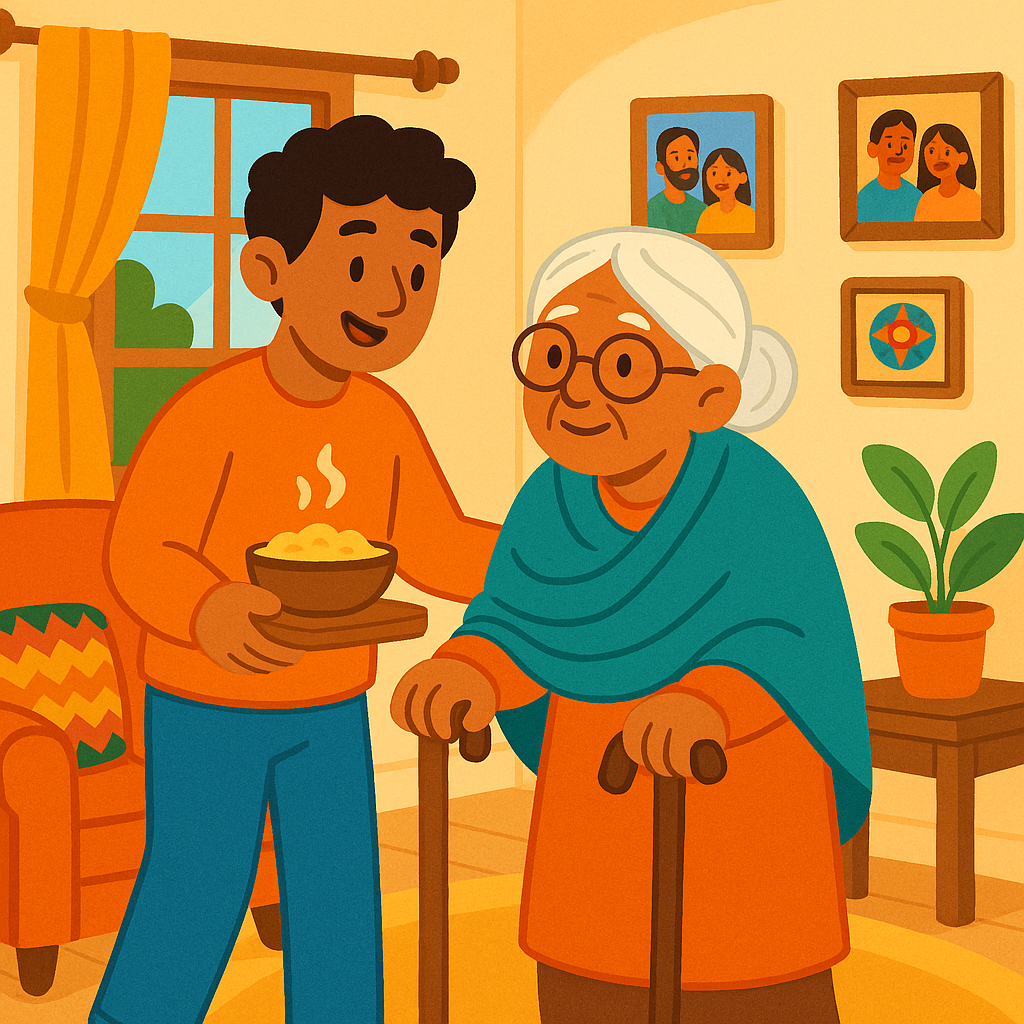 Filial piety is a cultural or religious value that emphasizes respect and duty towards one's parents or elders. This illustration shows a younger family member lovingly caring for an older one, driven by this deep sense of obligation.
