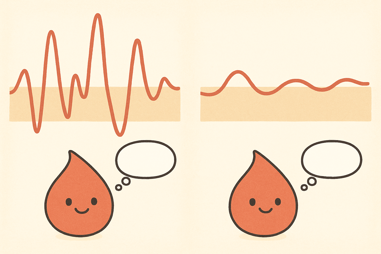 Averages like HbA1c can be misleading. Two people might have the same average, but one could have stable glucose (bottom) while the other has many dangerous spikes and drops (top).