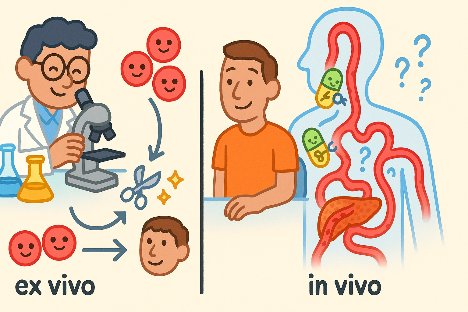 Ex vivo therapy, like for blood disorders, involves editing cells safely outside the body. In vivo therapy requires delivering tools directly to organs inside the body, which is much more challenging.
