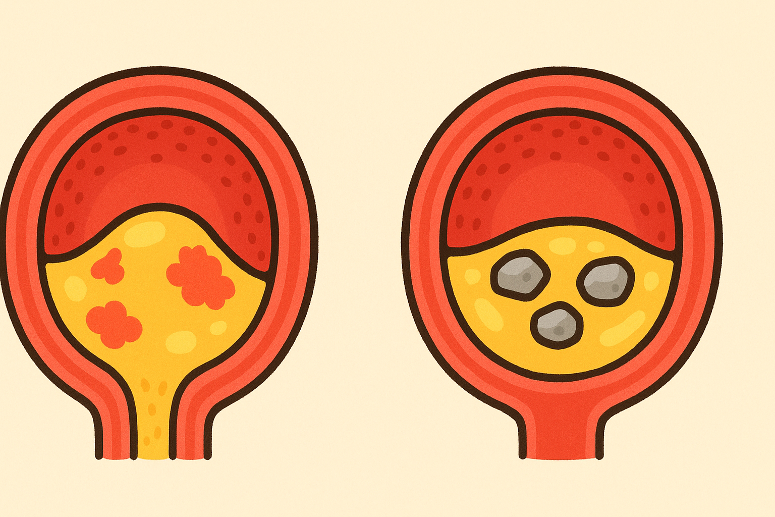 Soft, fatty plaques are dangerous because they can burst easily. When plaque heals, it often hardens with calcium, forming a stable scar that is less likely to rupture.