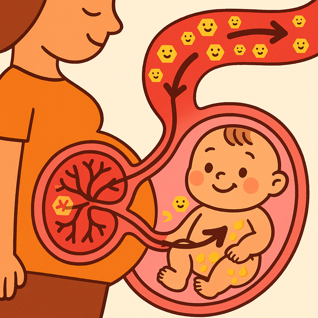 When the mother's blood sugar is high, extra sugar crosses the placenta to the baby. The baby stores this extra sugar as fat, which can lead to it growing larger than average (macrosomia).