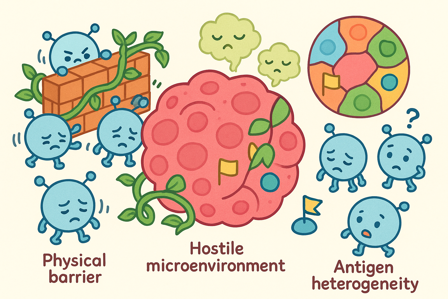 Solid tumors are challenging for CAR-T therapy because they build dense physical barriers, create a hostile chemical environment that deactivates immune cells, and often have a mix of cancer cells with different or missing target antigens.