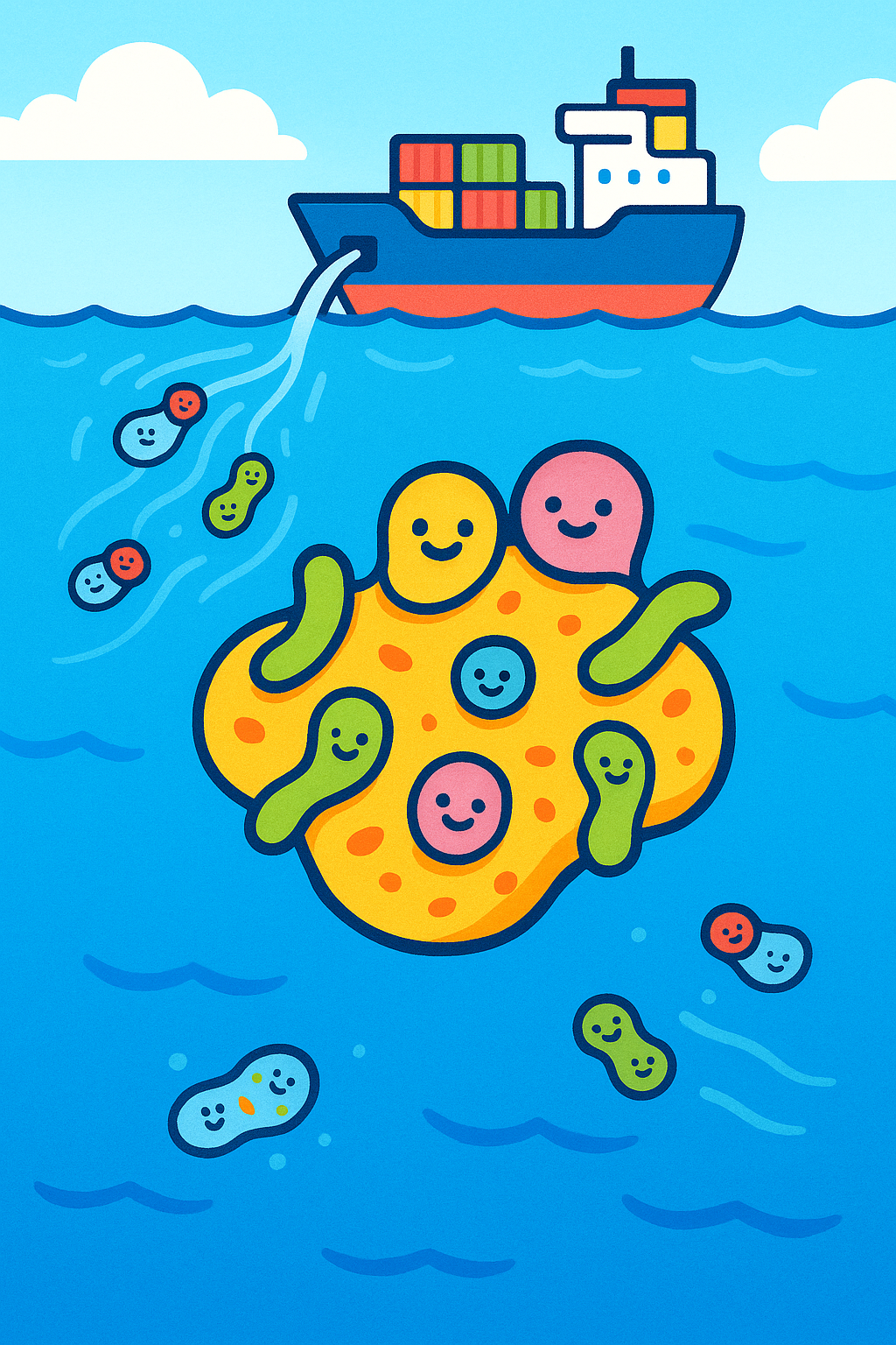 Microplastics act like tiny rafts, carrying colonies of bacteria and other microorganisms across oceans. This 'Plastisphere' can transport potentially harmful germs to new environments.