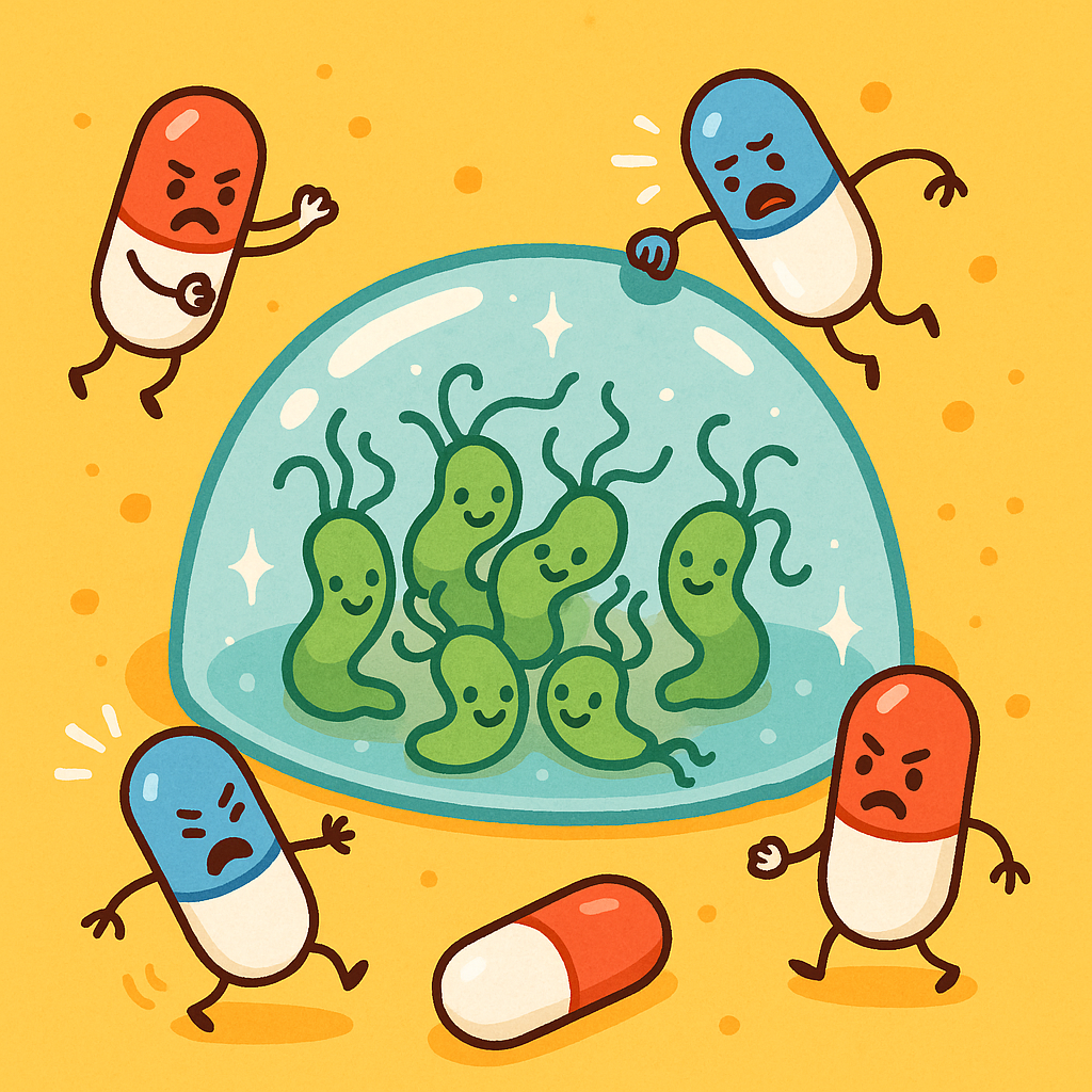 When stressed, H. pylori can create a slimy protective shield called a biofilm, like a bunker, making it hard for antibiotics to reach and destroy them.