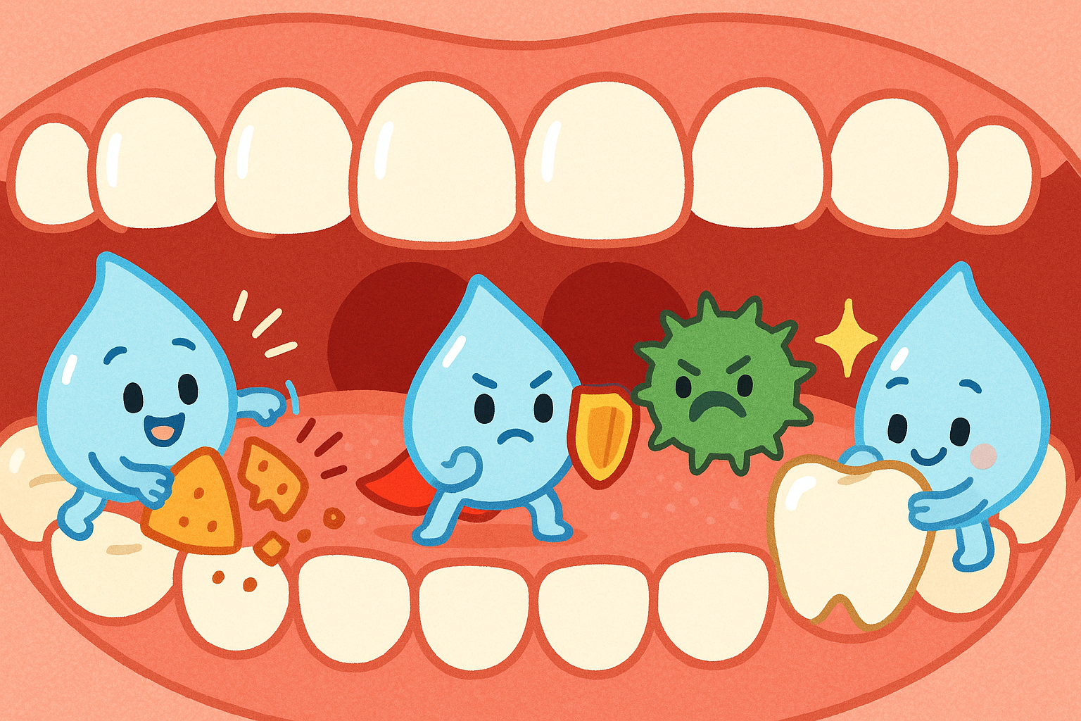 Saliva is a true multitasker! It contains special helpers that begin breaking down food, protective fighters that ward off germs, and minerals that keep your teeth strong and healthy.