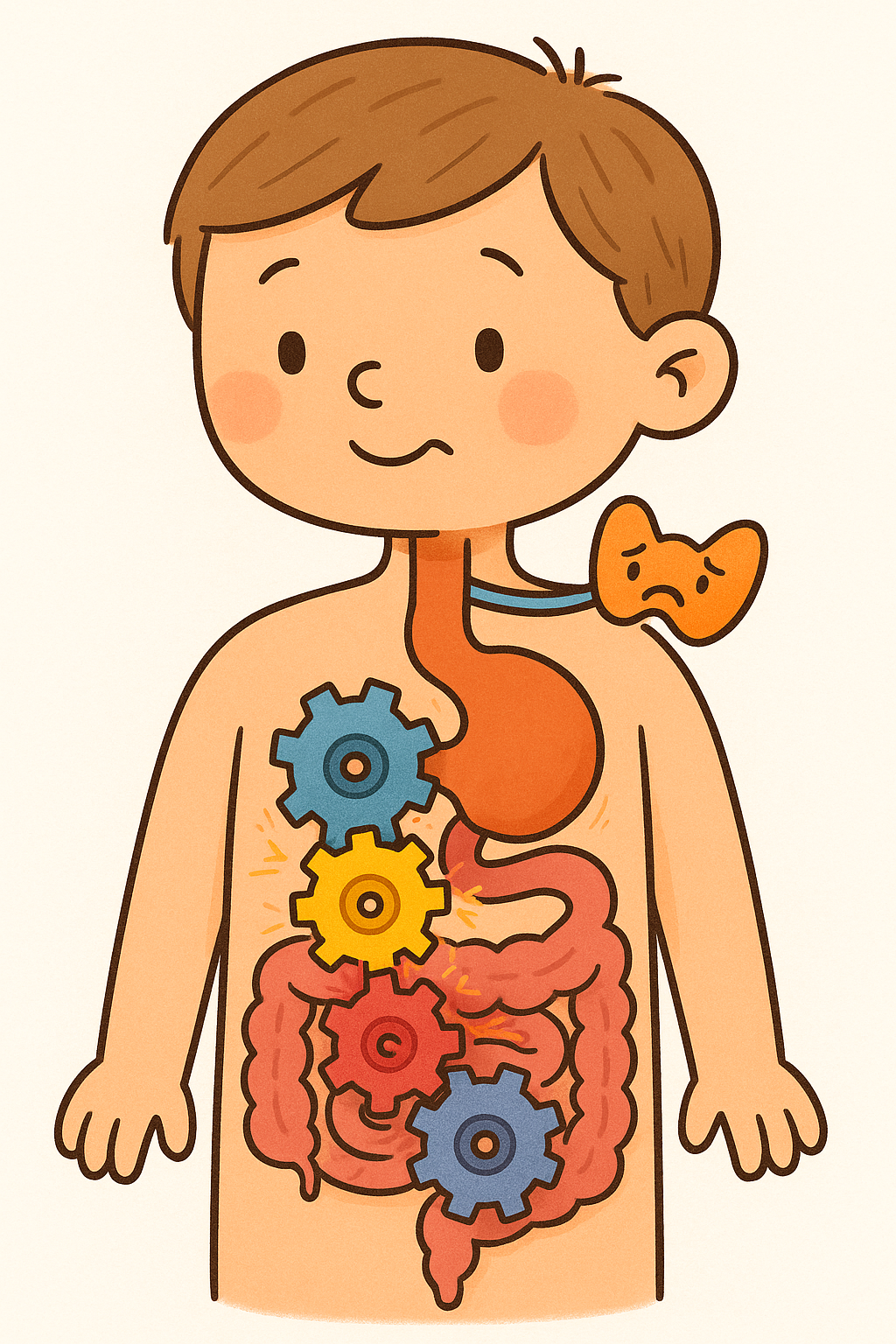 This illustration shows how hypothyroidism can slow down your digestion. It's like the body's internal gears, especially those in the digestive tract, are turning much more slowly than they should.