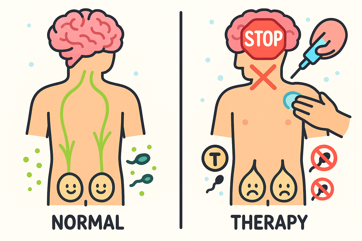 When external testosterone is introduced, the brain senses high levels and stops sending signals to the testicles. This causes the testicles to stop producing their own testosterone and, importantly, stop making sperm.