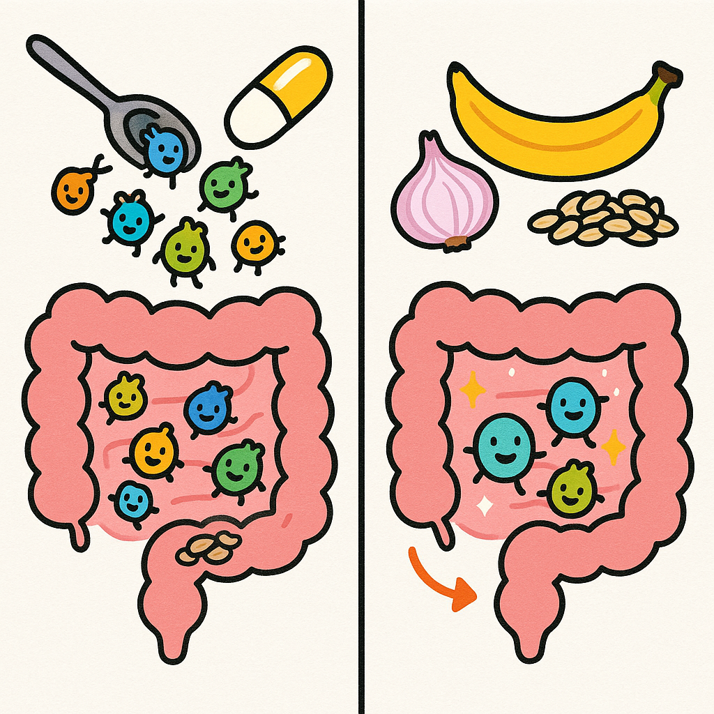 Probiotics are live, beneficial bacteria that you add to your gut, while prebiotics are special fibers that act as food to help your existing good bacteria thrive.