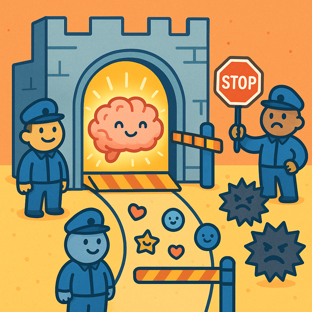 This illustration shows your brain as a protected vault, where the blood-brain barrier acts as a security team, carefully selecting what enters and what stays out.
