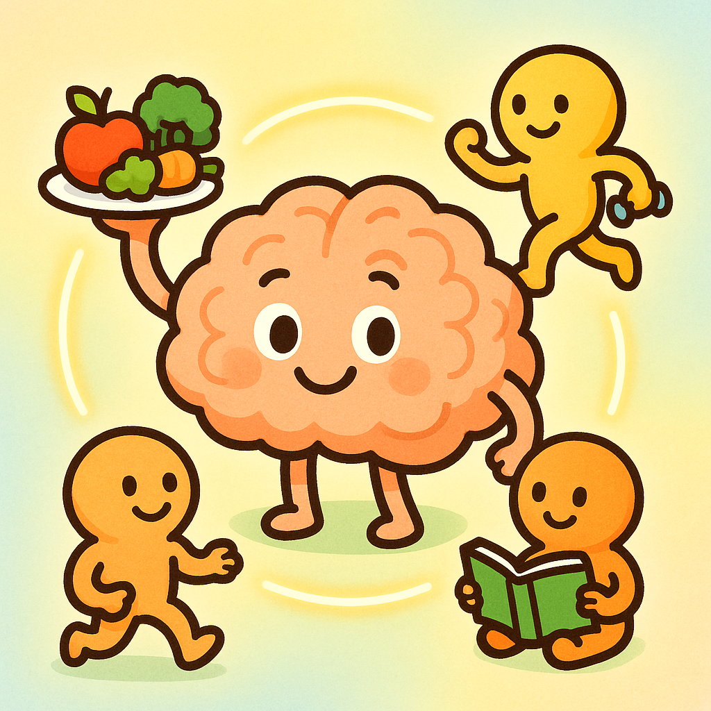 This image shows how combining different healthy habits, like eating well, exercising, and challenging your mind, works together to keep your brain strong and healthy. It's like a team effort for your brain!