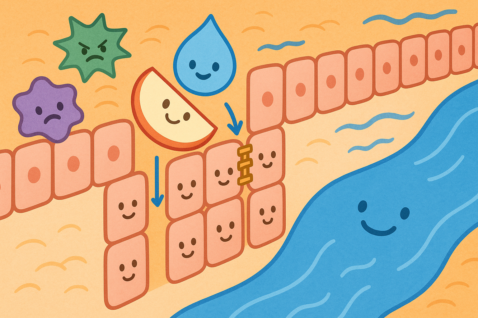 This image shows a healthy gut lining where 'tight junctions' act like bouncers, letting good nutrients pass into the bloodstream while keeping harmful bacteria and toxins safely out.