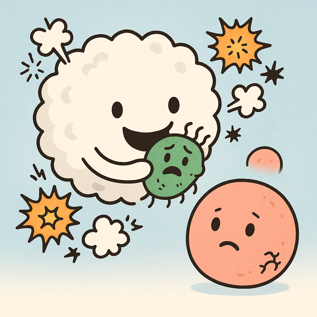 This illustration shows a white blood cell (like a macrophage) using powerful 'biological bleach' to destroy invading bacteria. While effective, these strong chemicals can also damage nearby healthy cells if not controlled.