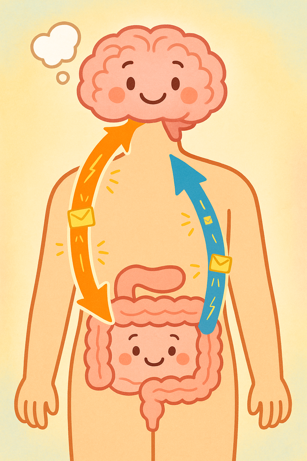 This illustration shows the amazing two-way communication between your brain and your gut, often called the 'gut-brain connection.' They are constantly sending messages back and forth, influencing each other's functions.