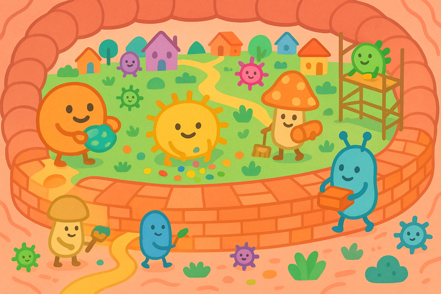 This image shows a healthy gut microbiome, a bustling community of friendly bacteria and other microbes working together to keep your digestive system happy and strong. They help break down food and protect your body.