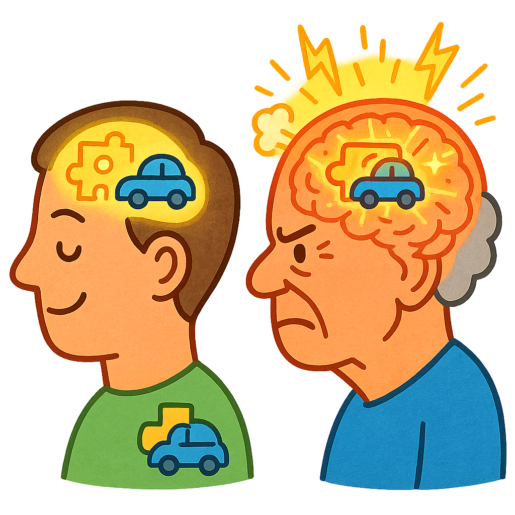 This illustration shows how older brains often work harder to complete tasks, even if they perform them perfectly. This extra effort can lead to faster feelings of mental exhaustion and brain fog.