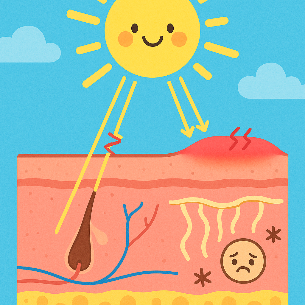 UVB rays primarily affect the top layer of skin, causing sunburn and direct DNA damage. UVA rays penetrate much deeper, leading to long-term skin aging.