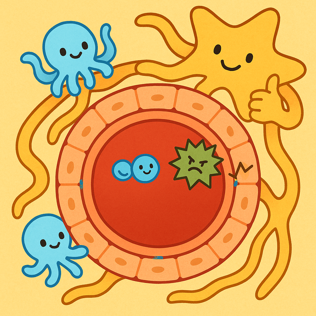 The blood-brain barrier is made of tightly packed endothelial cells sealed by 'tight junctions,' supported by pericytes, and guided by star-shaped astrocytes.