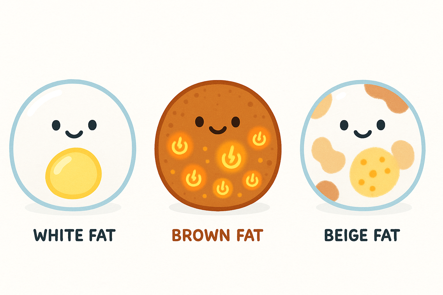 Your body has different types of fat: white fat for storing energy, brown fat for burning calories to create heat, and beige fat, which is white fat that has started acting like brown fat.