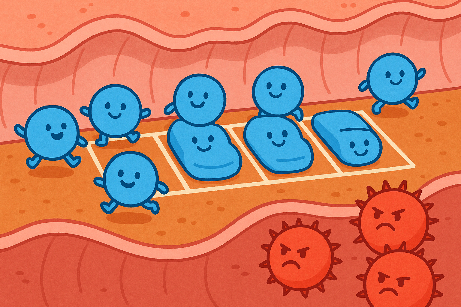 Imagine your gut lining as a parking lot. Good probiotics rush in and fill the spaces, leaving no room for harmful bacteria to settle down and cause problems.