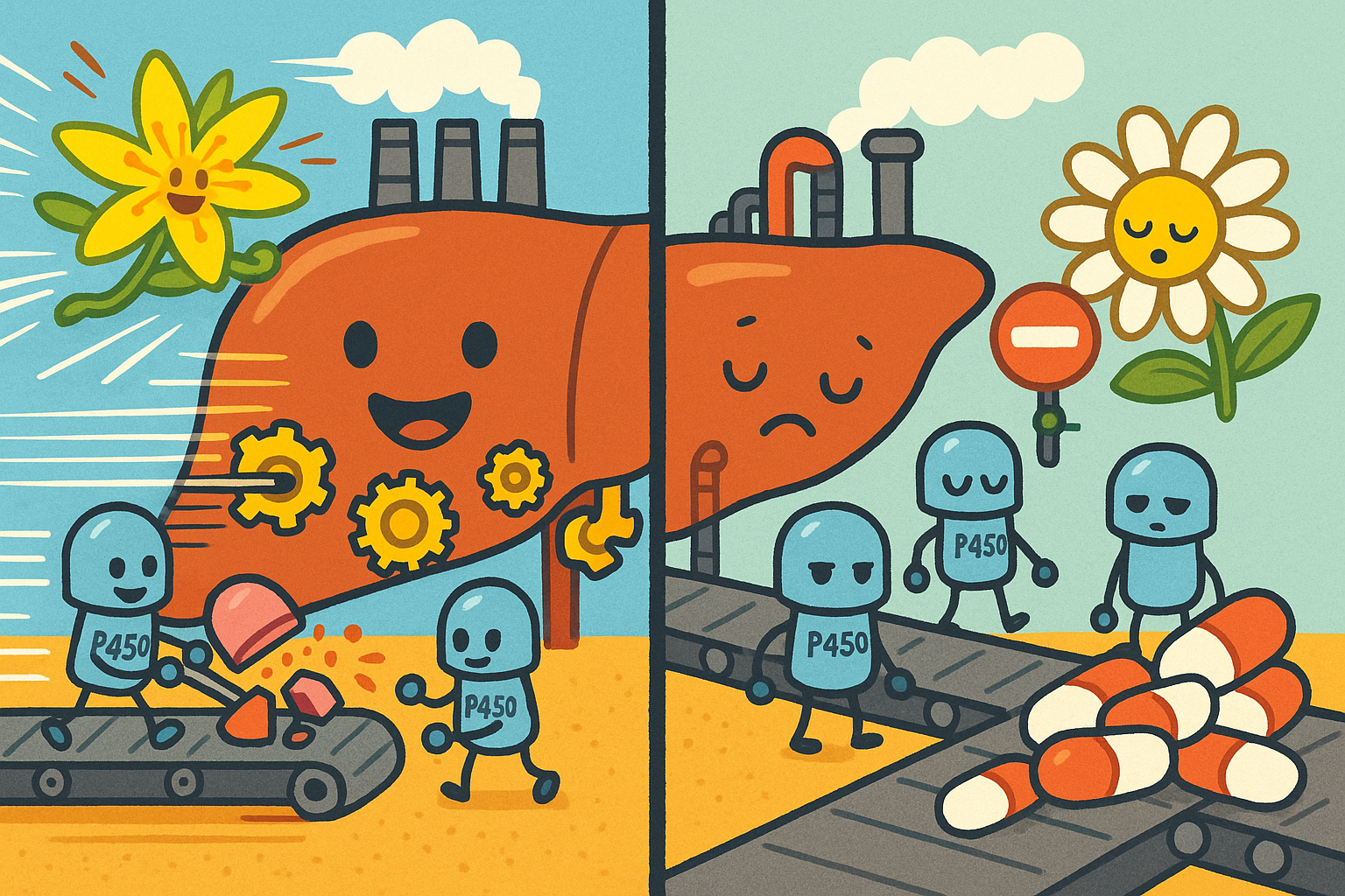 Our liver acts like a processing plant, using special enzymes (like Cytochrome P450) to break down medicines. Some herbs can make these enzymes work too fast, clearing medicine out too quickly, while others can slow them down, causing medicine to build up.