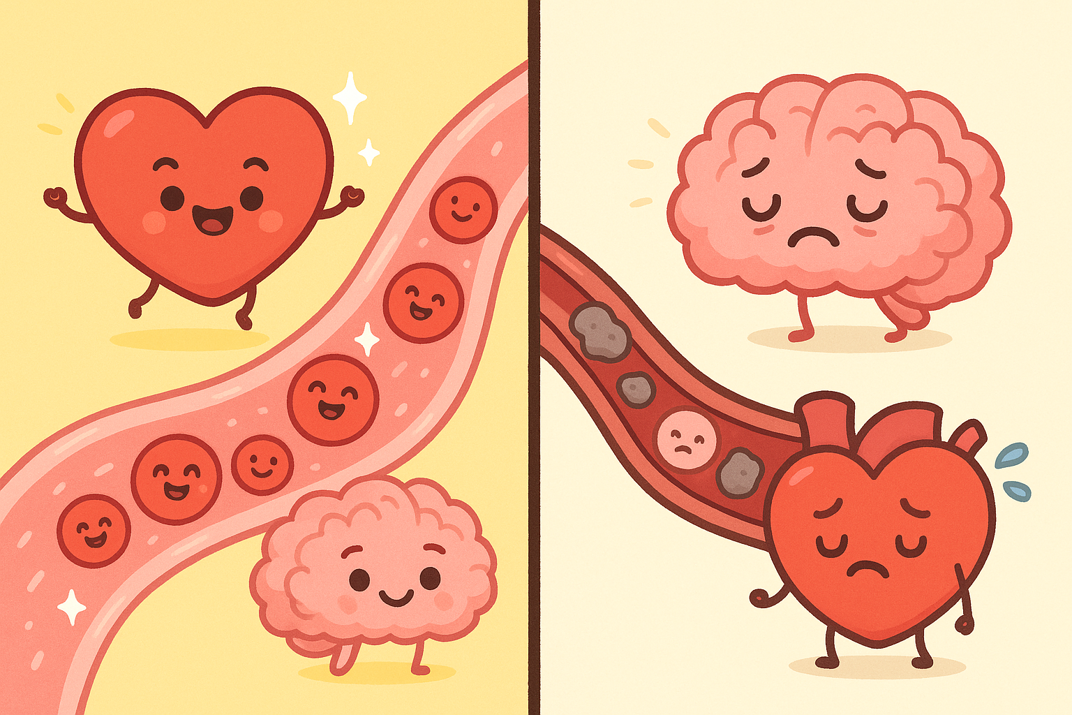 A healthy heart and clear blood vessels deliver all the oxygen and nutrients your brain needs to thrive, like a super-efficient delivery service. When blood flow is restricted, the brain doesn't get what it needs.