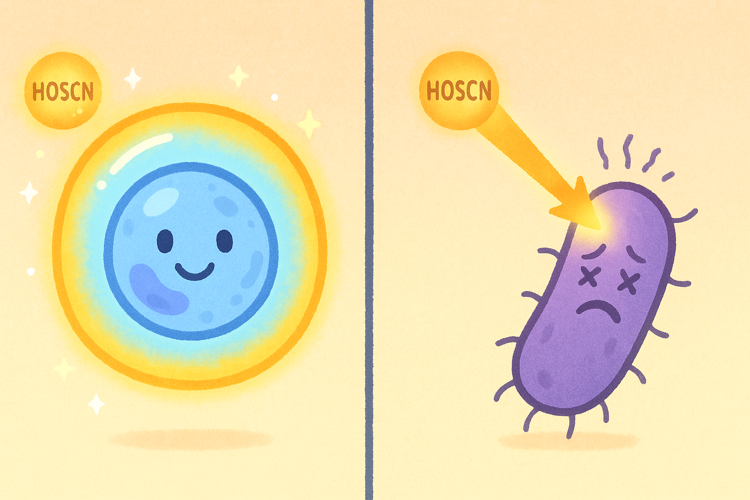 Human cells have a special enzyme, thioredoxin reductase, which acts as a shield, neutralizing HOSCN after it has killed invaders. Bacteria, however, lack this defense, making HOSCN a highly effective and targeted weapon against them.