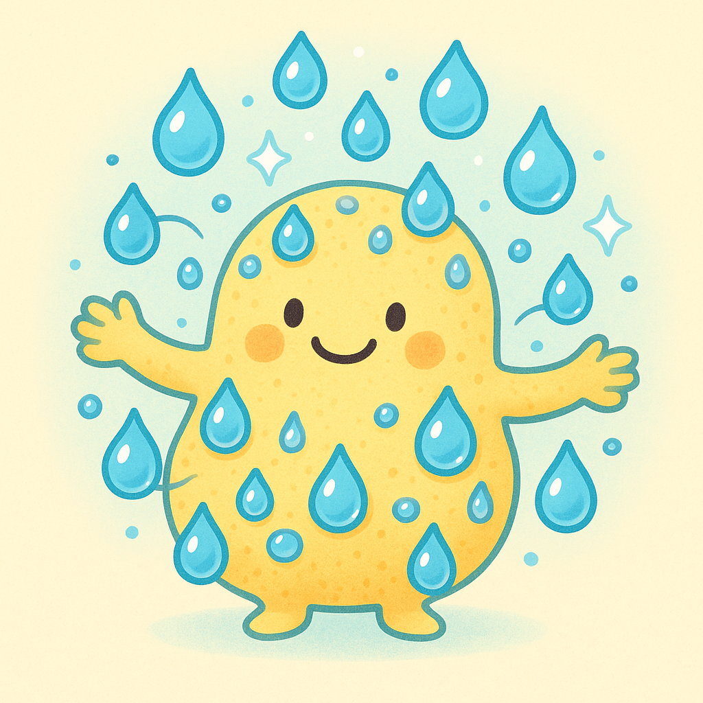 This illustration shows hyaluronic acid, a molecule in your body, acting like a tiny sponge. It can attract and hold many water molecules, keeping your skin hydrated and plump.