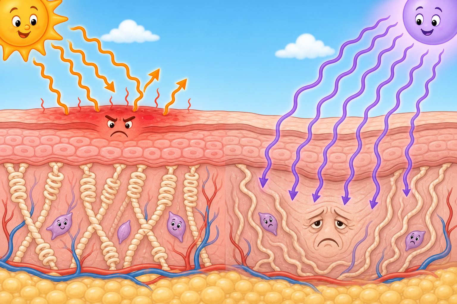 UVB rays primarily cause sunburns by affecting the skin's surface, while UVA rays penetrate deeper, leading to wrinkles and premature aging. Both types damage skin cells.
