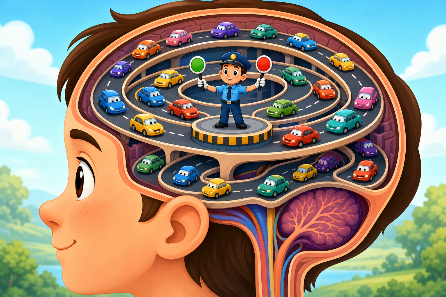 This illustration shows how meditation helps manage your thoughts. It's like a traffic controller in your brain, organizing busy thoughts so you don't feel overwhelmed.
