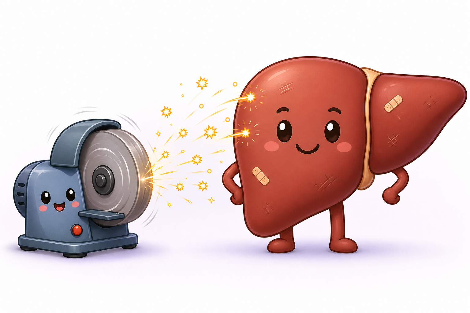 Our liver works hard breaking down substances, which can create 'sparks' called reactive oxygen species. These sparks can cause tiny damage, similar to how actual sparks might scuff something.