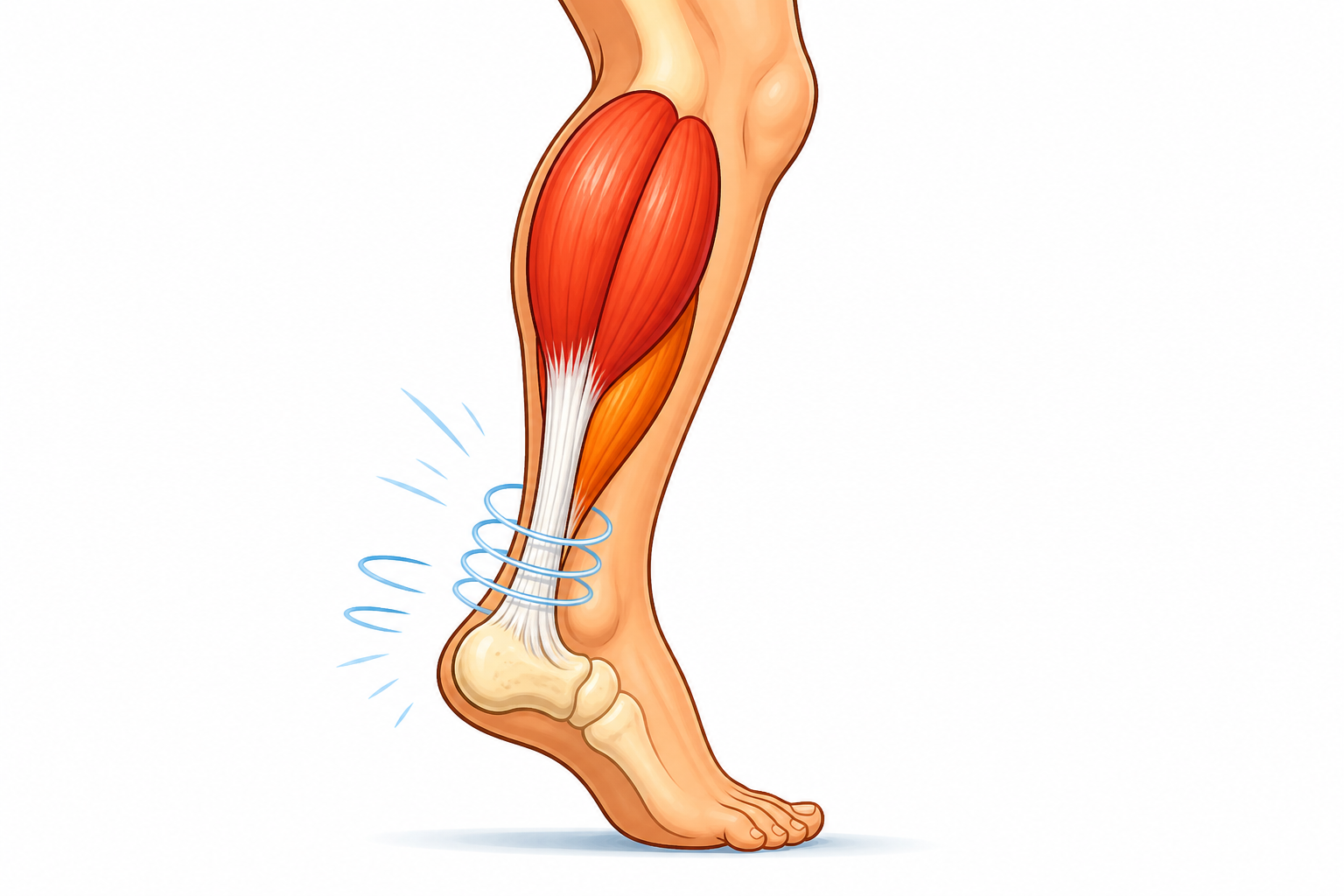 This illustration shows the powerful Achilles tendon connecting your calf muscles to your heel bone. It acts like a strong biological spring, helping you push off the ground and absorb impact.