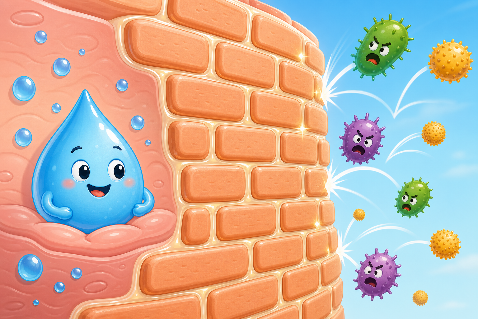 This image shows your healthy skin barrier like a strong brick wall. The 'bricks' are your skin cells, and the 'mortar' is made of natural fats that keep moisture in and bad stuff out.
