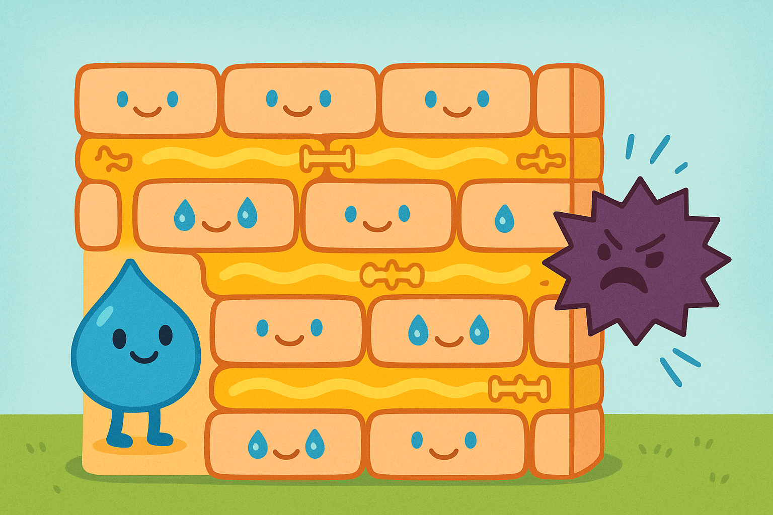 This illustration shows your skin's outer layer like a 'brick and mortar' wall. Flat cells are the bricks, holding water, while a mix of fats acts as the strong mortar, keeping moisture in and bad stuff out.