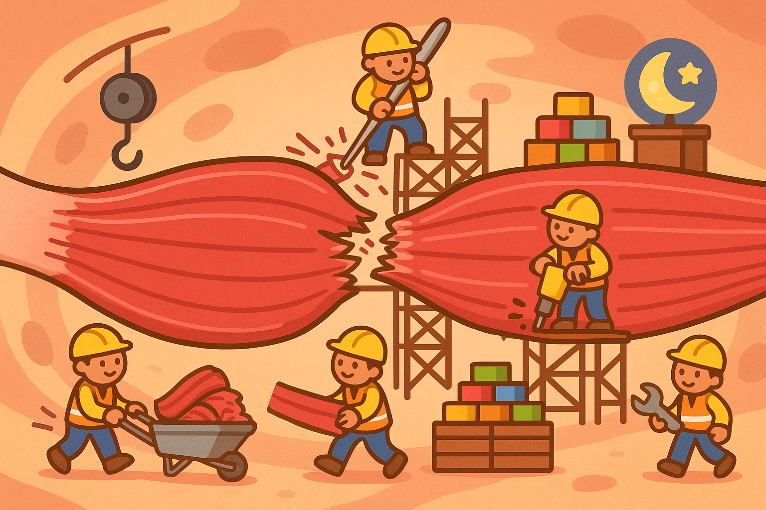 This illustration shows your body acting like a busy construction site after an injury. Tiny worker cells are actively repairing damaged tissue and laying down new, strong building blocks to help you heal.