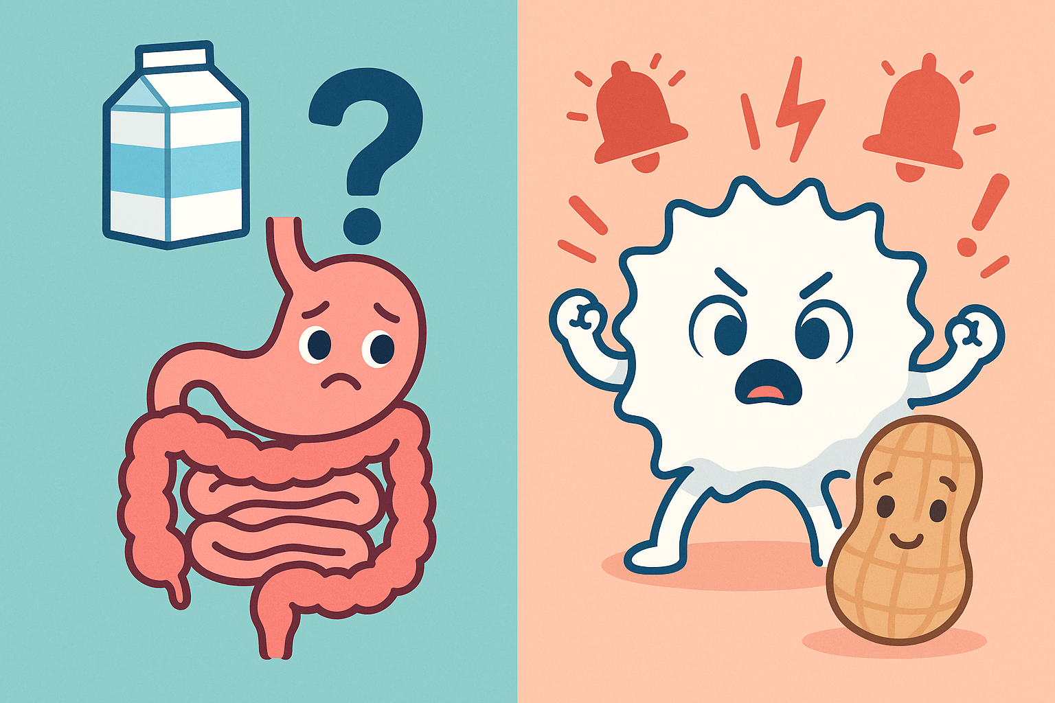 This illustration shows the key difference: a food intolerance affects the digestive system, causing discomfort when food isn't broken down properly. A food allergy, however, is an immune system error where the body mistakenly attacks a harmless food protein as a threat.
