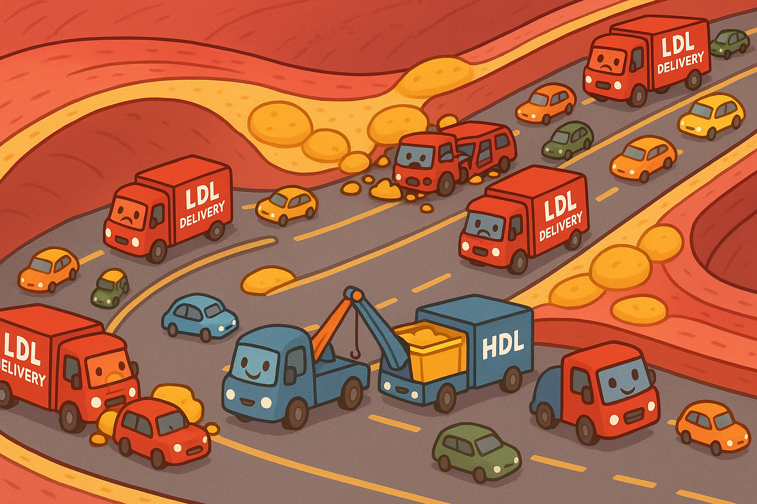 This illustration shows how cholesterol travels in your blood. LDL (Low-Density Lipoprotein) acts like delivery trucks that can cause traffic jams and plaque buildup in your arteries, while HDL (High-Density Lipoprotein) acts like tow trucks, clearing away excess cholesterol.