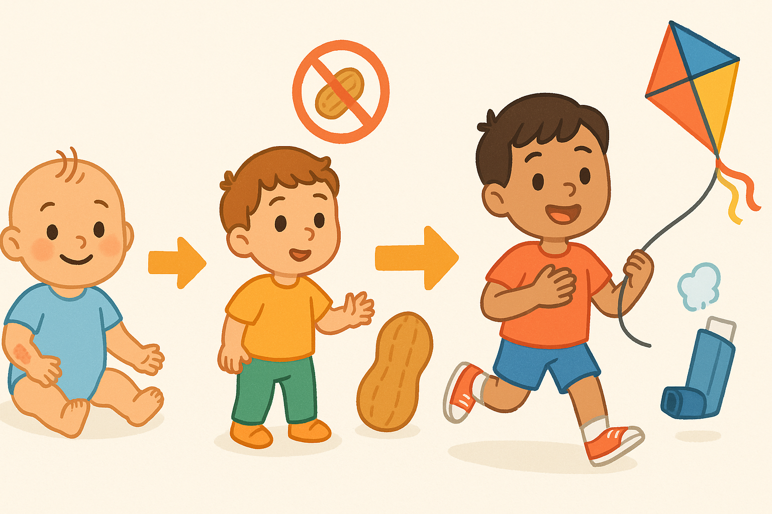 This illustration shows the 'Atopic March,' a common path where allergies progress. It often starts with skin issues like eczema in babies, then moves to food allergies, and can eventually lead to respiratory issues like asthma.