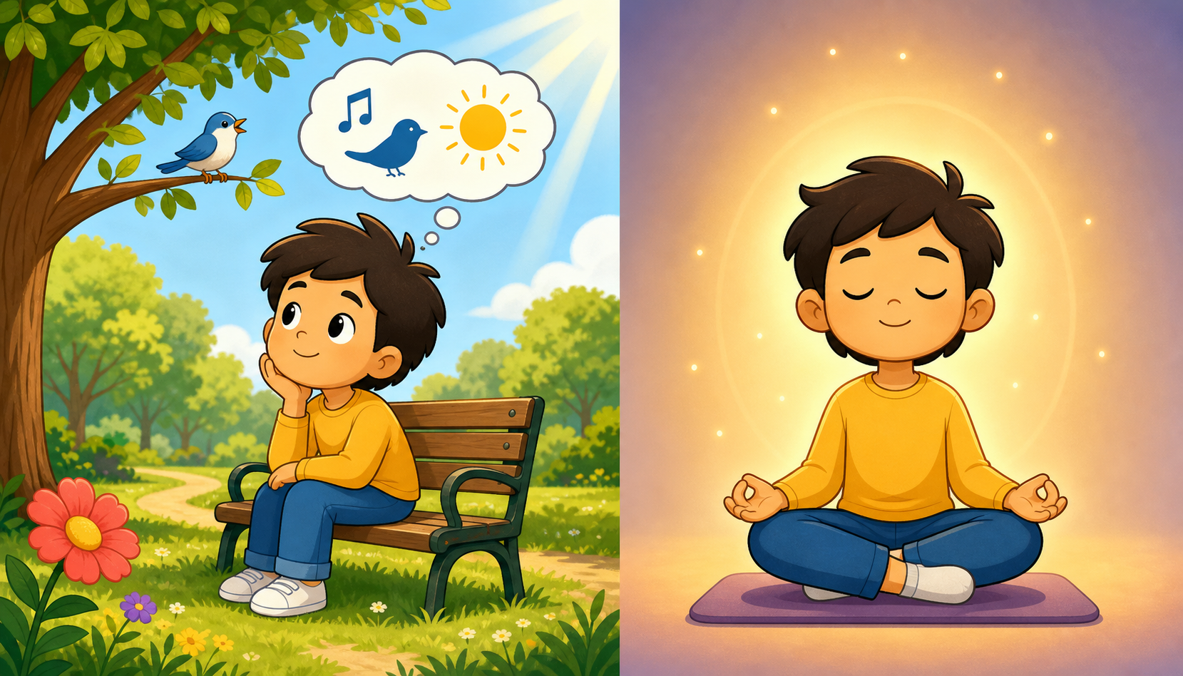 Mindfulness is about being aware of the present moment without judgment, like noticing a bird singing. Meditation is a specific practice, often sitting quietly, to train that awareness.