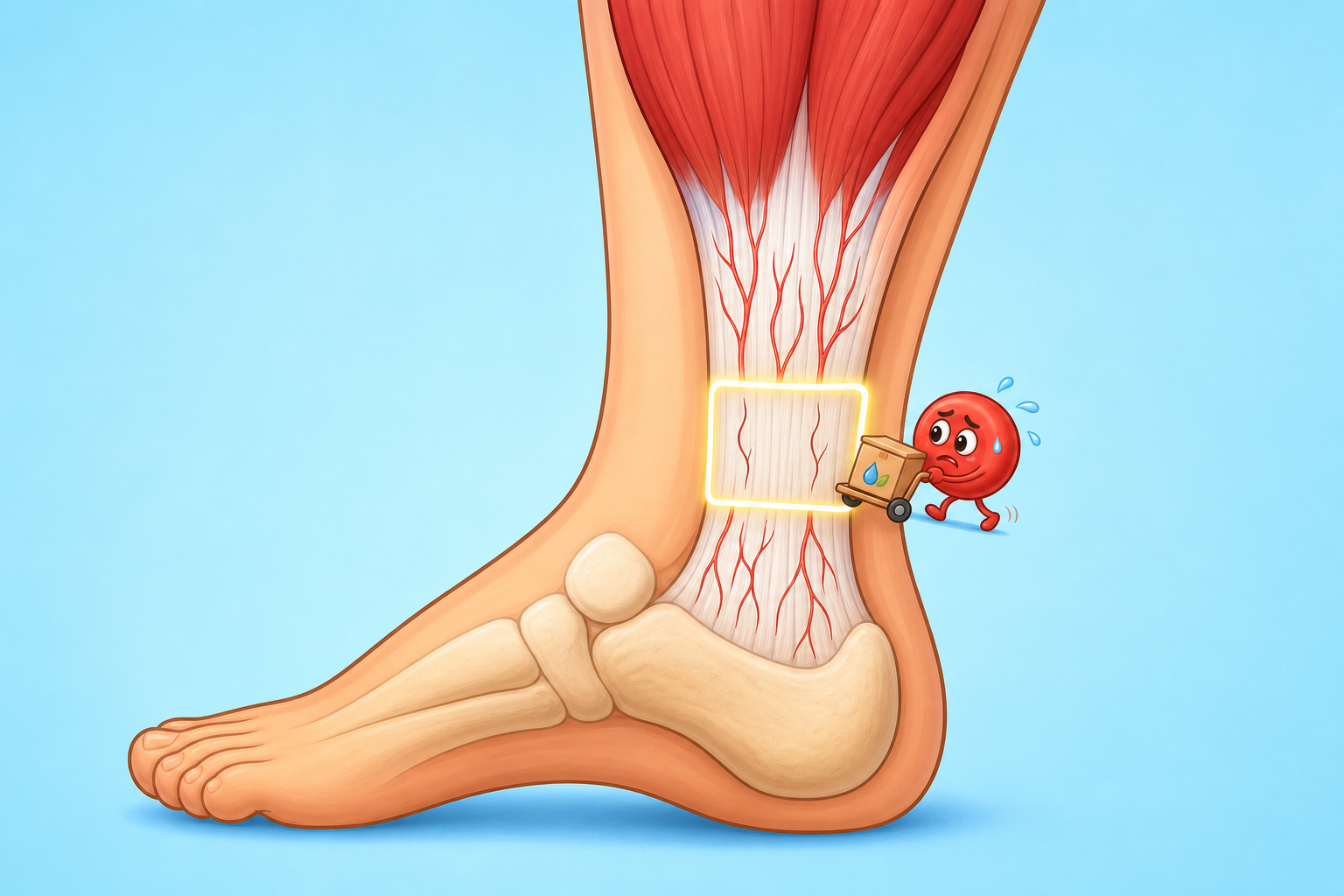 The 'watershed area' is a specific spot on the Achilles tendon with naturally poor blood supply. Because blood delivers vital nutrients for healing, this area is a common weak point for injuries.