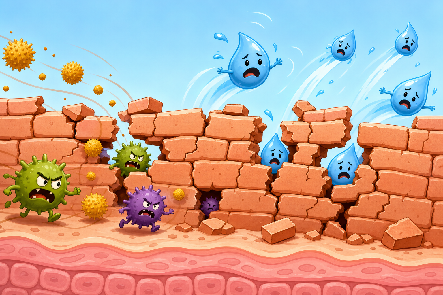 When your skin barrier is damaged, it's like a broken wall. Water easily escapes through the cracks, and harmful things like bacteria and allergens can get in, causing dryness and irritation.