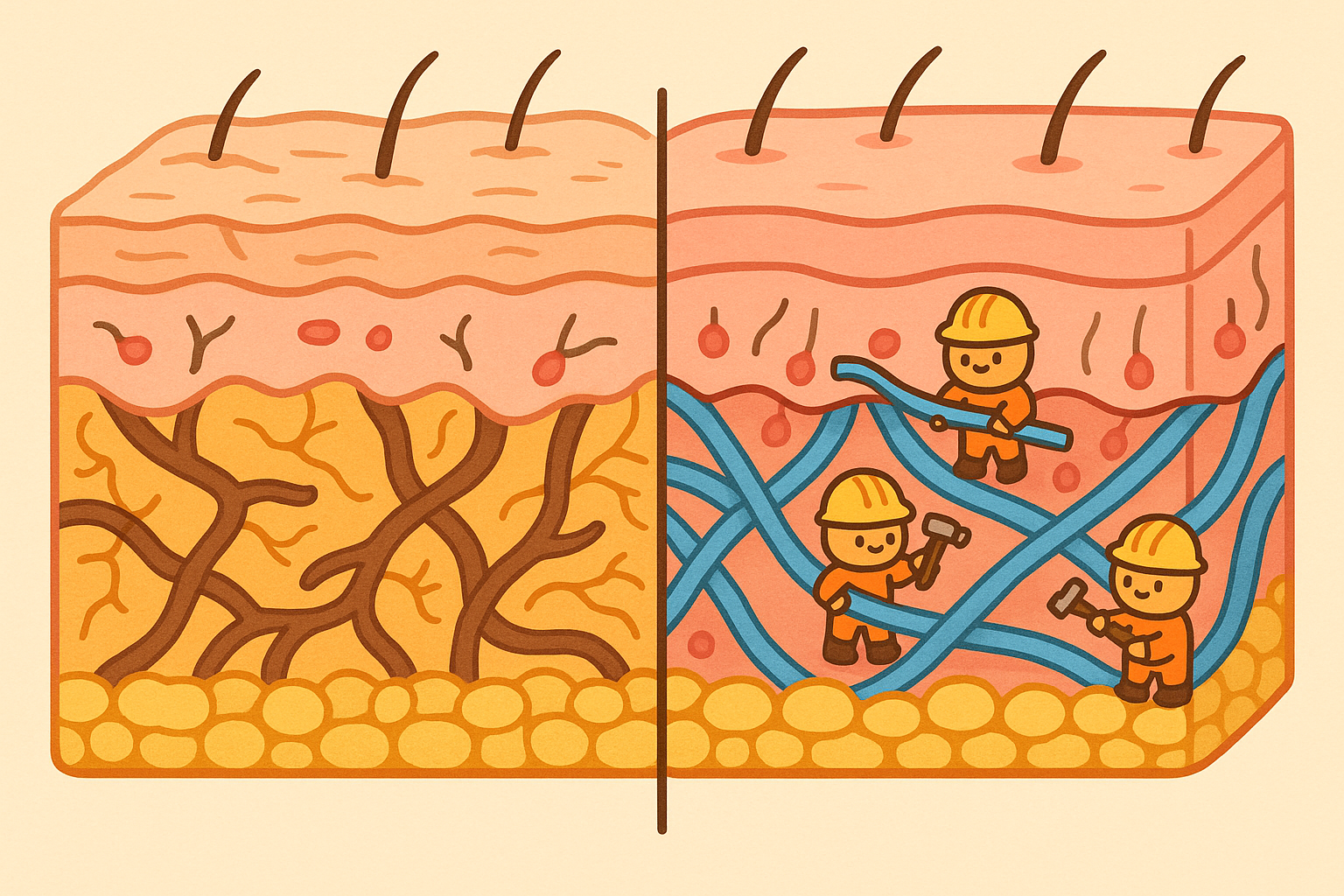 This illustration shows how topical retinoids work to rejuvenate skin. They help thicken the outer skin layer and stimulate cells to produce new, strong collagen, making skin look firmer and smoother.