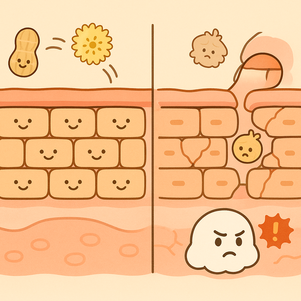 A healthy skin barrier protects us from external allergens. When the skin is damaged or cracked, allergens can sneak through, potentially 'training' the immune system to react to them, which can lead to allergies.