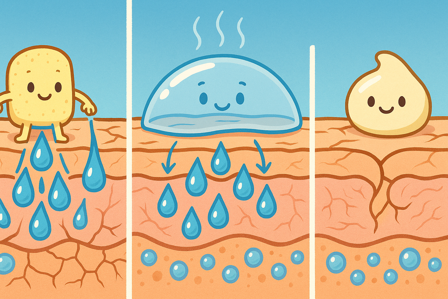 Moisturizers use three ingredient types to help your skin. Humectants draw water in, occlusives create a seal to keep it from escaping, and emollients smooth out rough patches.