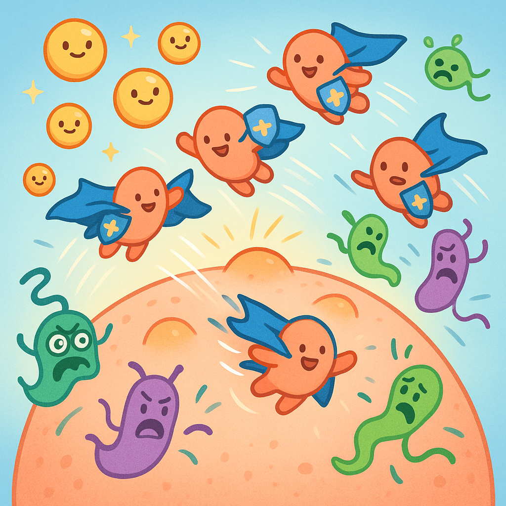 Vitamin A plays a vital role in your skin's defense. It helps your skin cells create special antimicrobial proteins that act like tiny superheroes, fighting off bad bacteria to keep your skin healthy and protected.