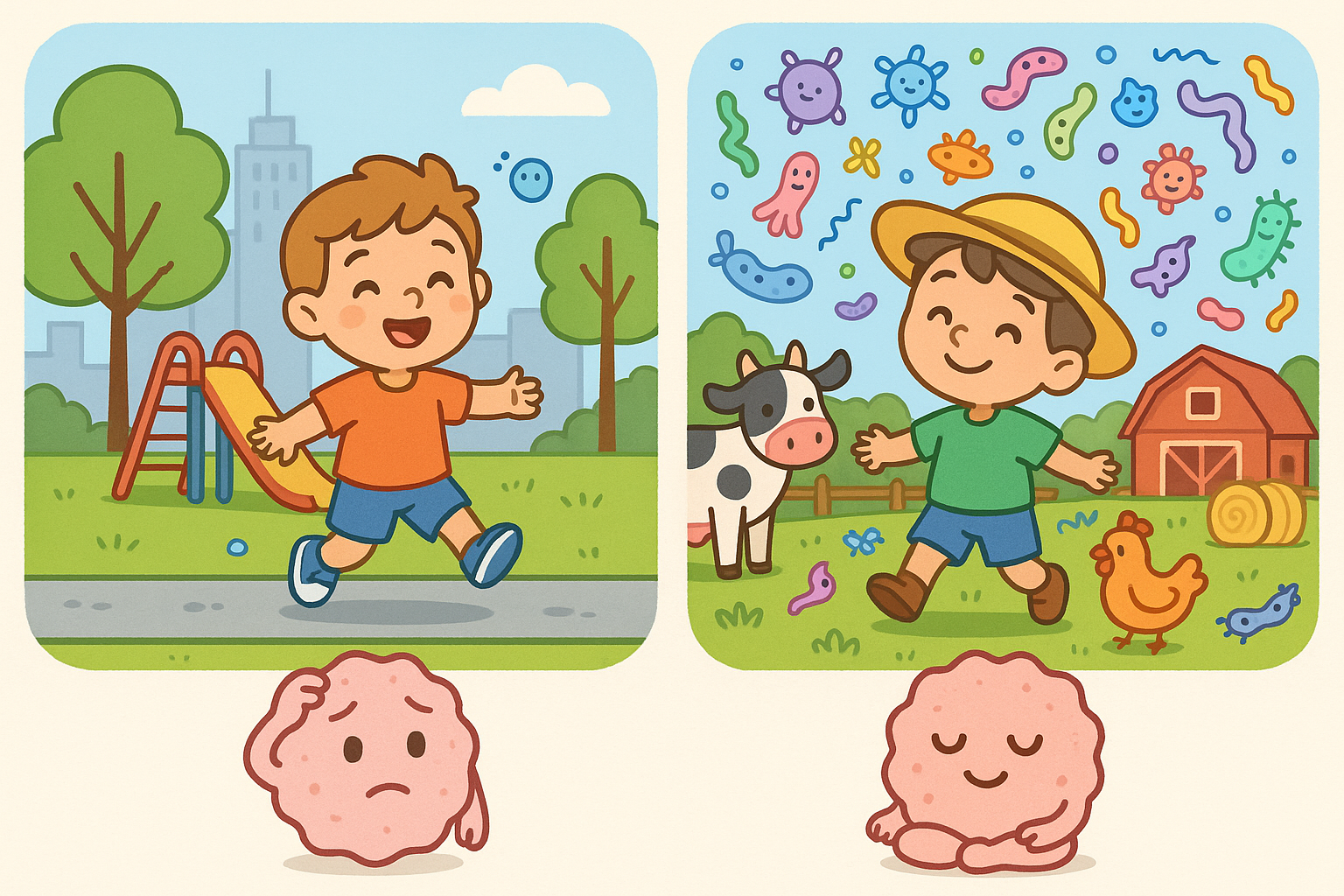 Children growing up on traditional farms are exposed to a wide variety of friendly microbes. These diverse microbes help train the immune system to stay calm and tolerate harmless substances, reducing the risk of allergies.