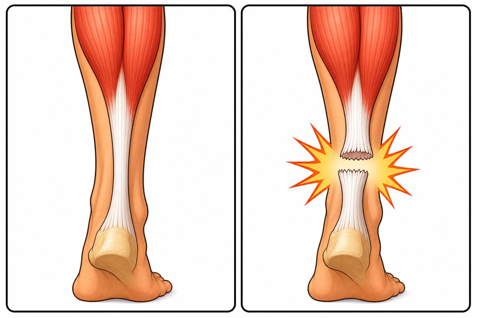 The Achilles tendon is a strong cord connecting your calf muscle to your heel bone. When it ruptures, it snaps completely, creating a visible gap.