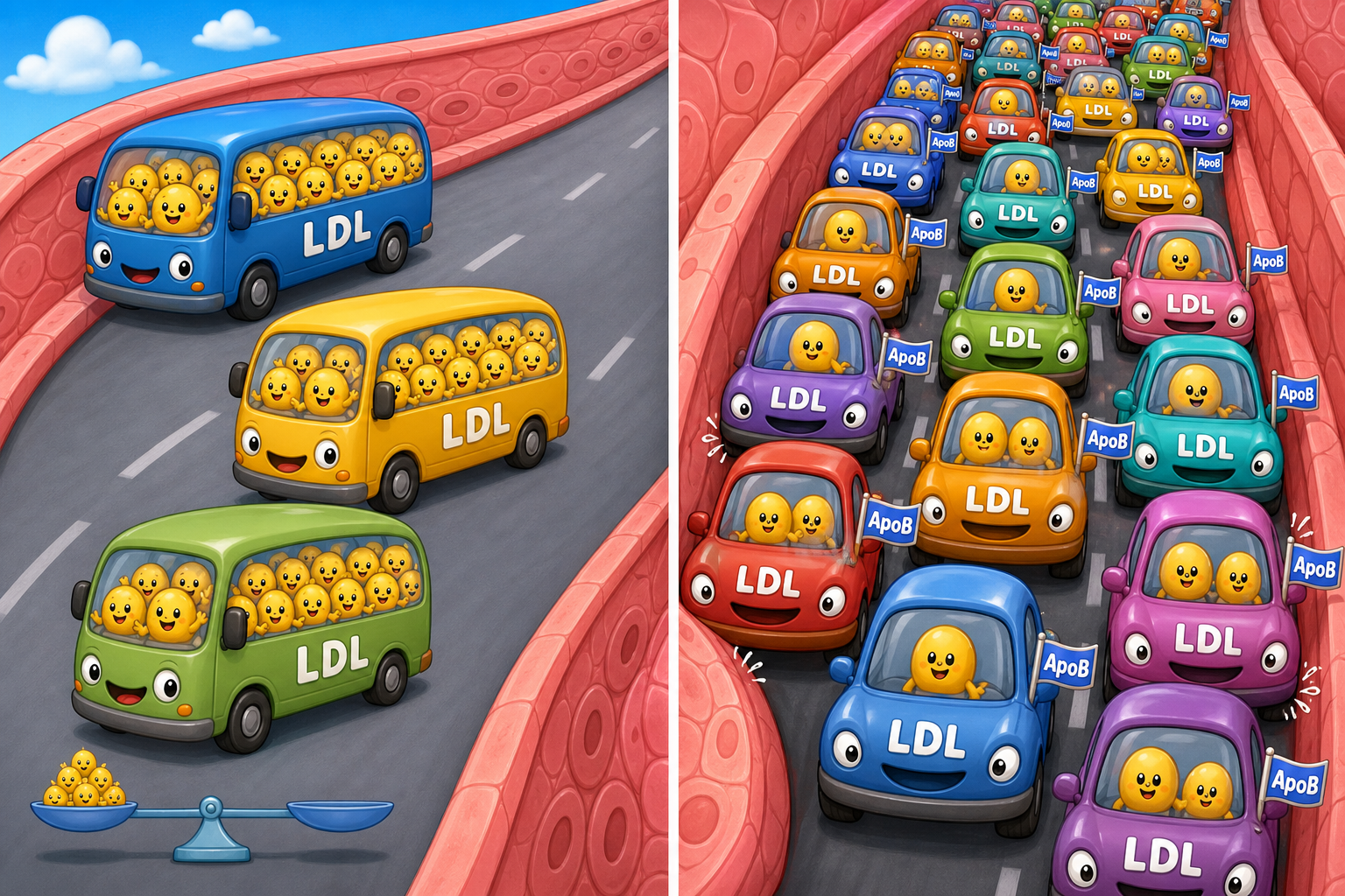 This image compares two highways: one with a few large buses representing low LDL weight, and one with many small cars representing high ApoB particle count. While both might carry similar 'weight' of cholesterol, the number of particles (cars) is what truly indicates the risk of artery damage.